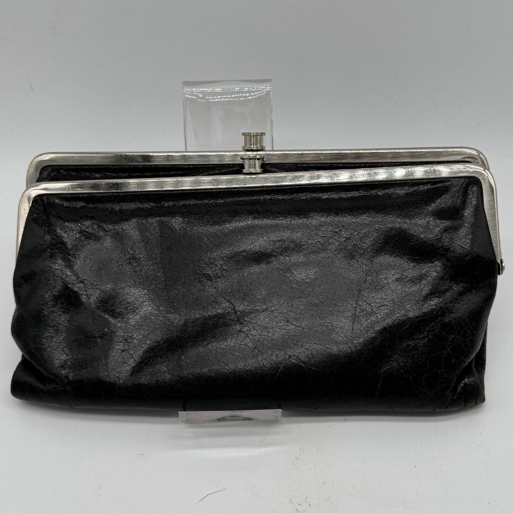 Hobo International Lauren Black Leather Double Kiss Clutch Wallet Vintage Floral